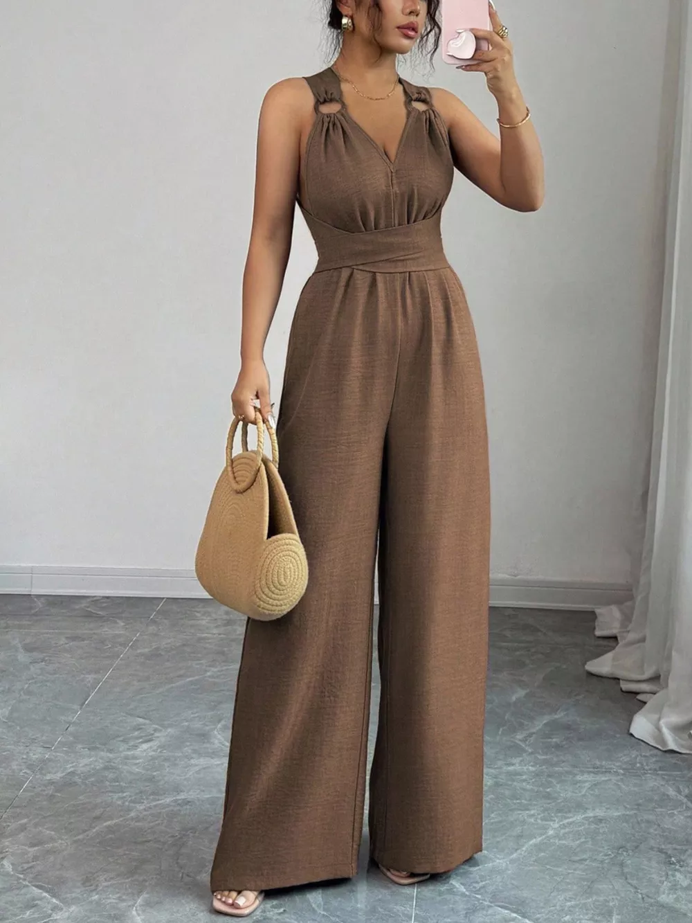 Sleeveless V-Neck Wide-Leg Jumpsuit with O-Ring Detail, image 8