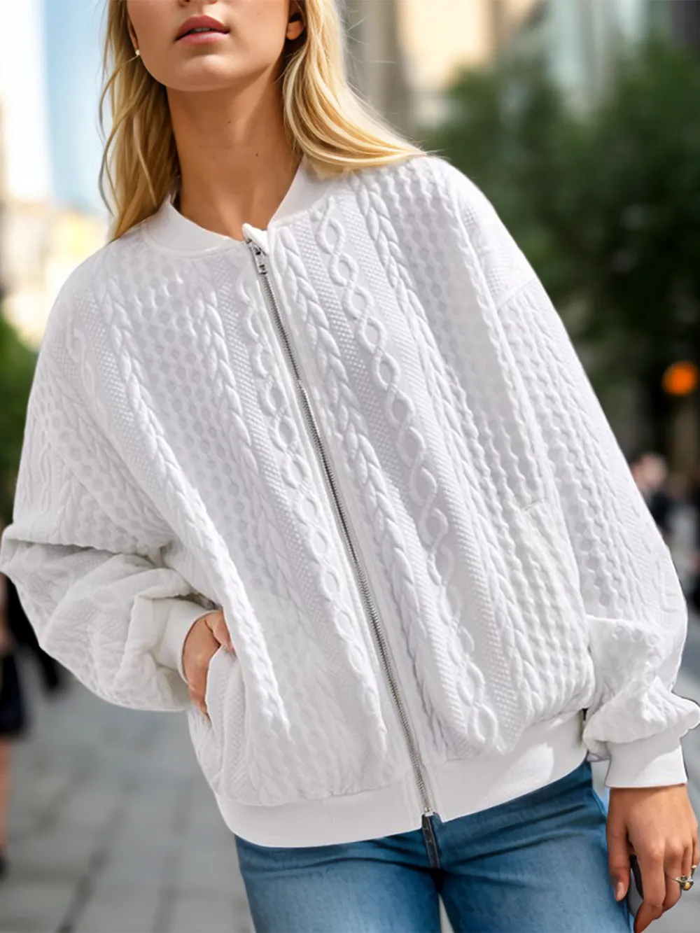 Textured Zip Up Dropped Shoulder Jacket, image 3