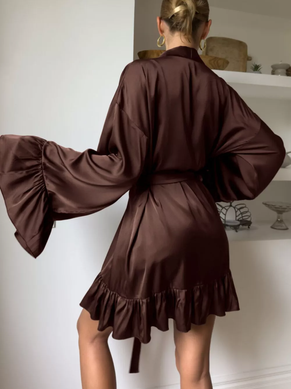 Satin Ruffle-Trim Lounge Nightgown Robe, image 3