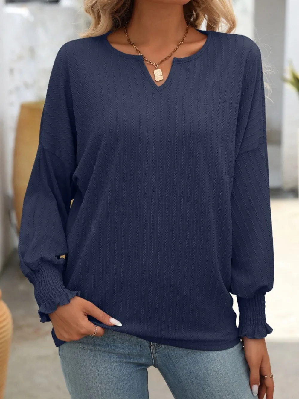 Textured Notched Lantern Sleeve T-Shirt, image 11