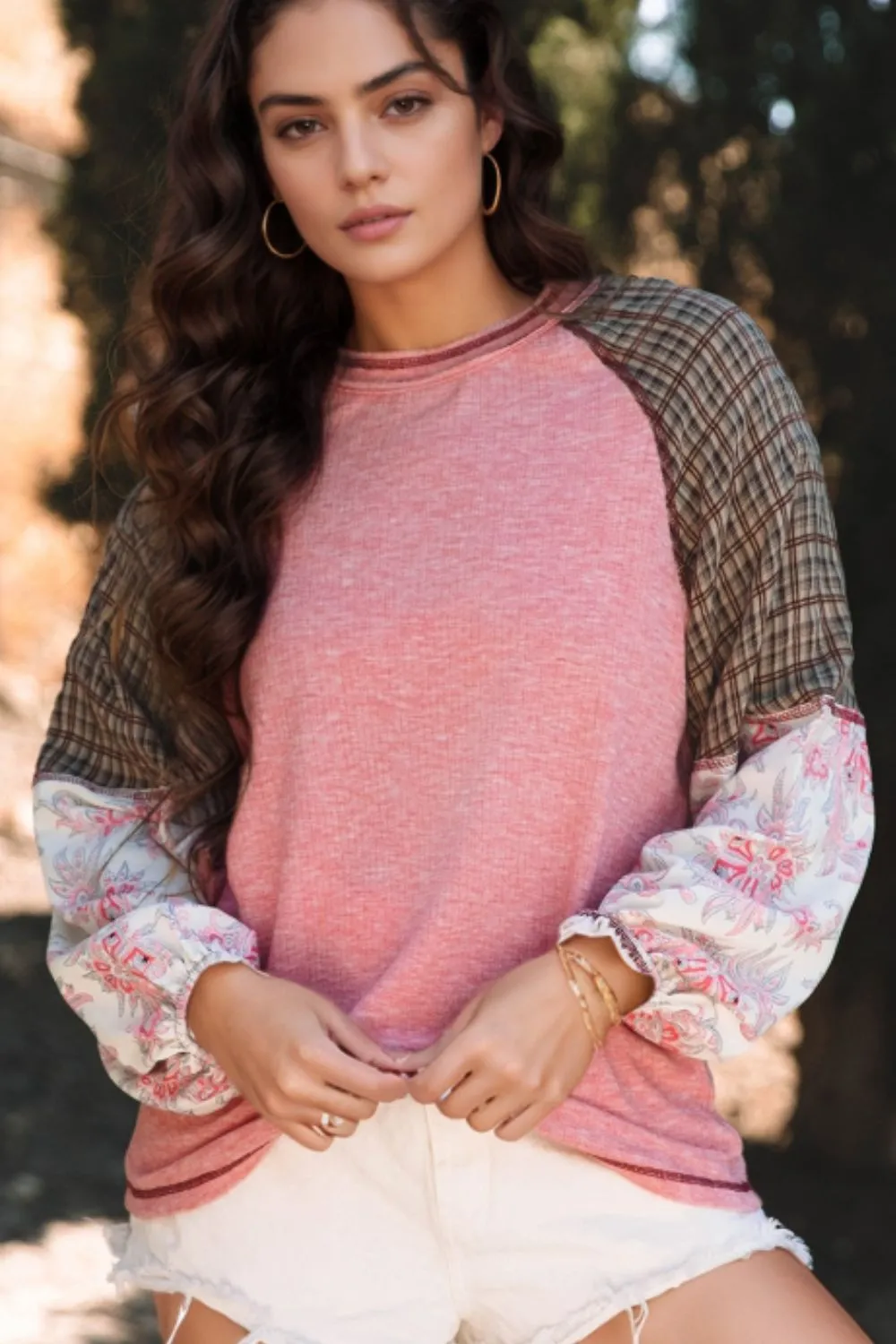 Plaid Floral Patchwork Round Neck Long Sleeve Top, image 14