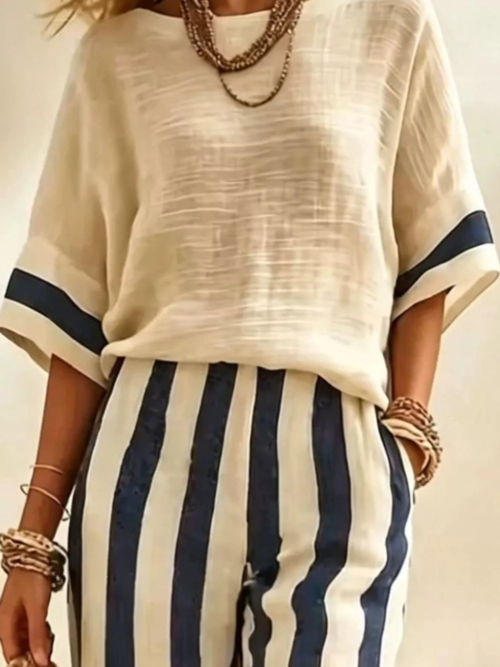 Full Size Striped Half Sleeve Top and Pants Set Plus Size, image 2