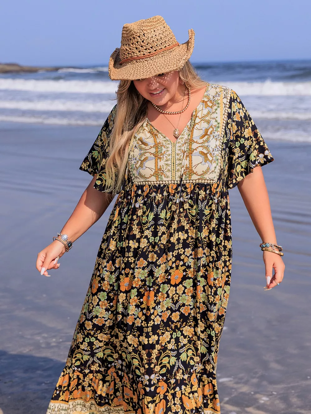 Plus Size Bohemian Floral Tiered Maxi Dress, image 6