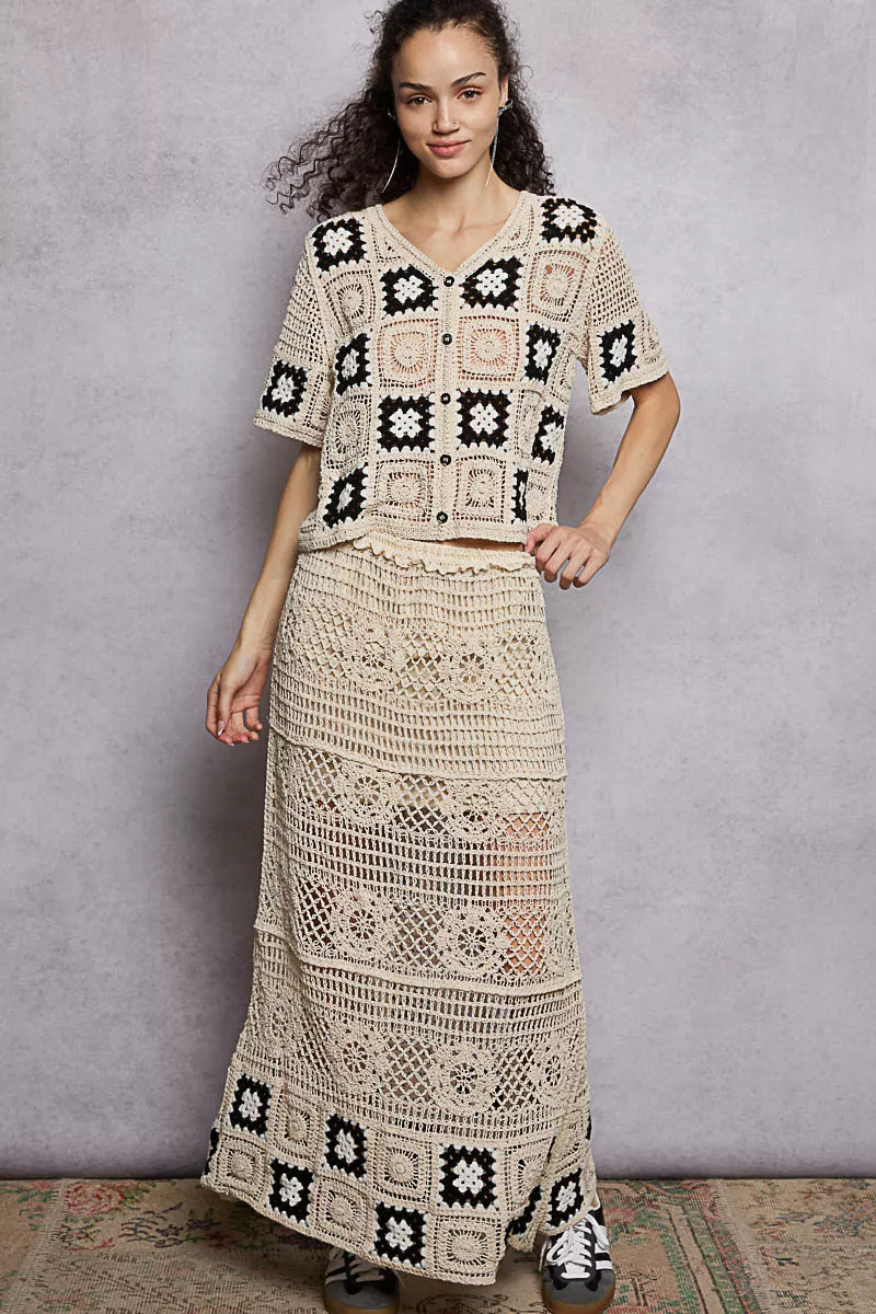 Floral Crochet Ruffled Waistband Maxi Skirt with Granny Square Weave, image 4