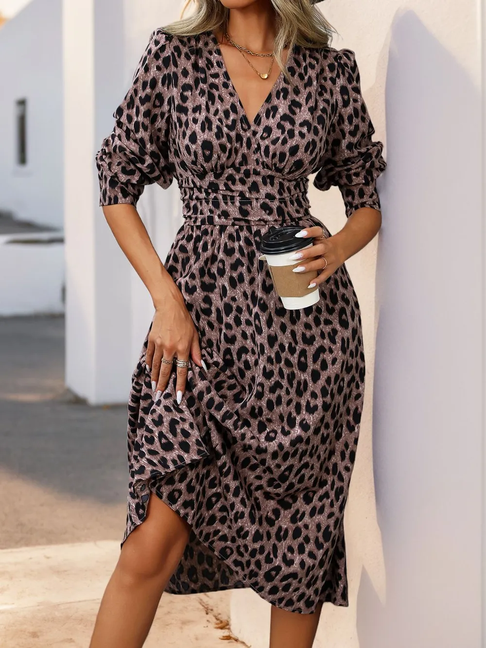 Leopard Surplice Long Sleeve Midi Dress, image 5