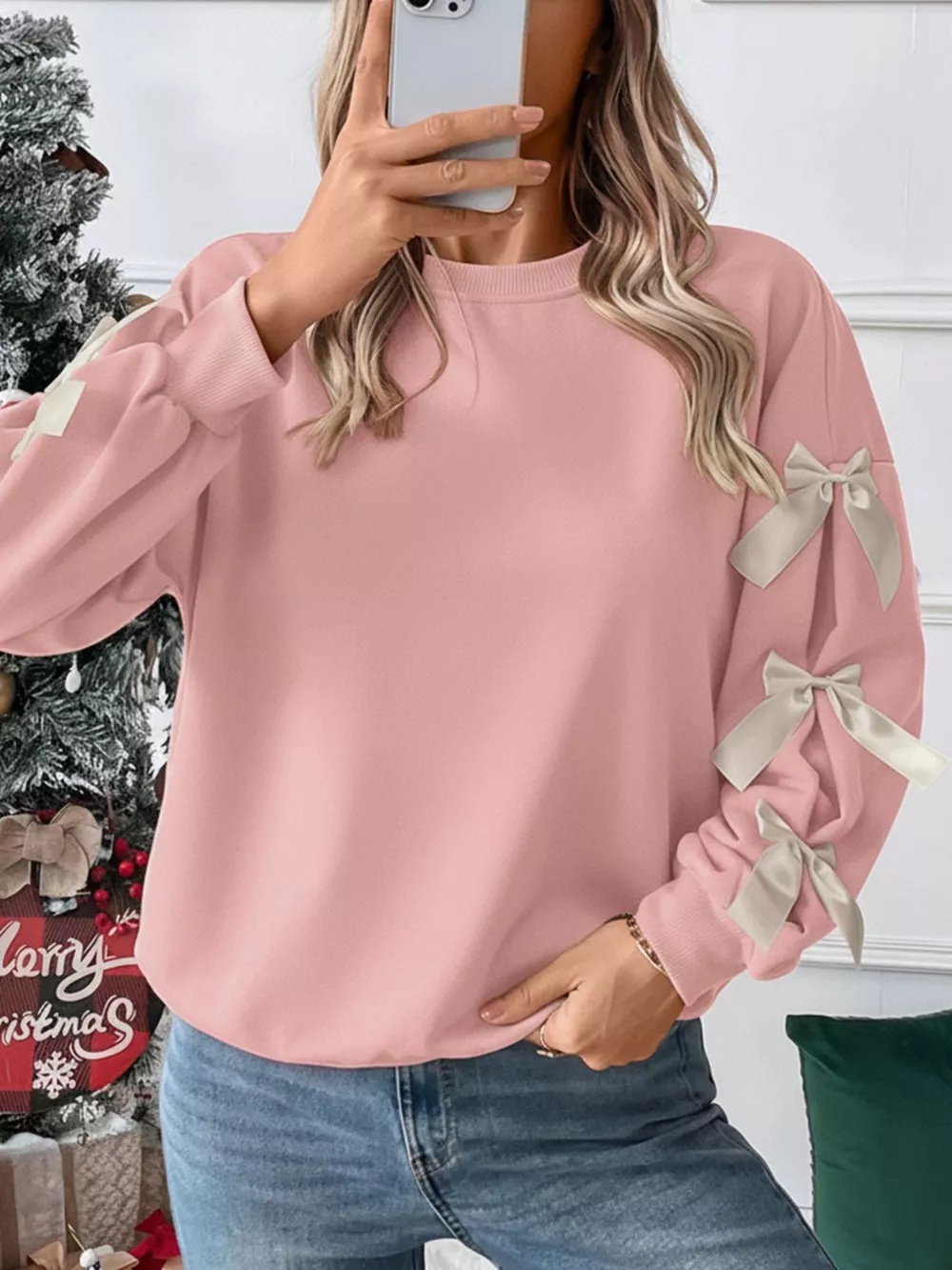 Bowknot Sleeve Round Neck Sweatshirt, image 5