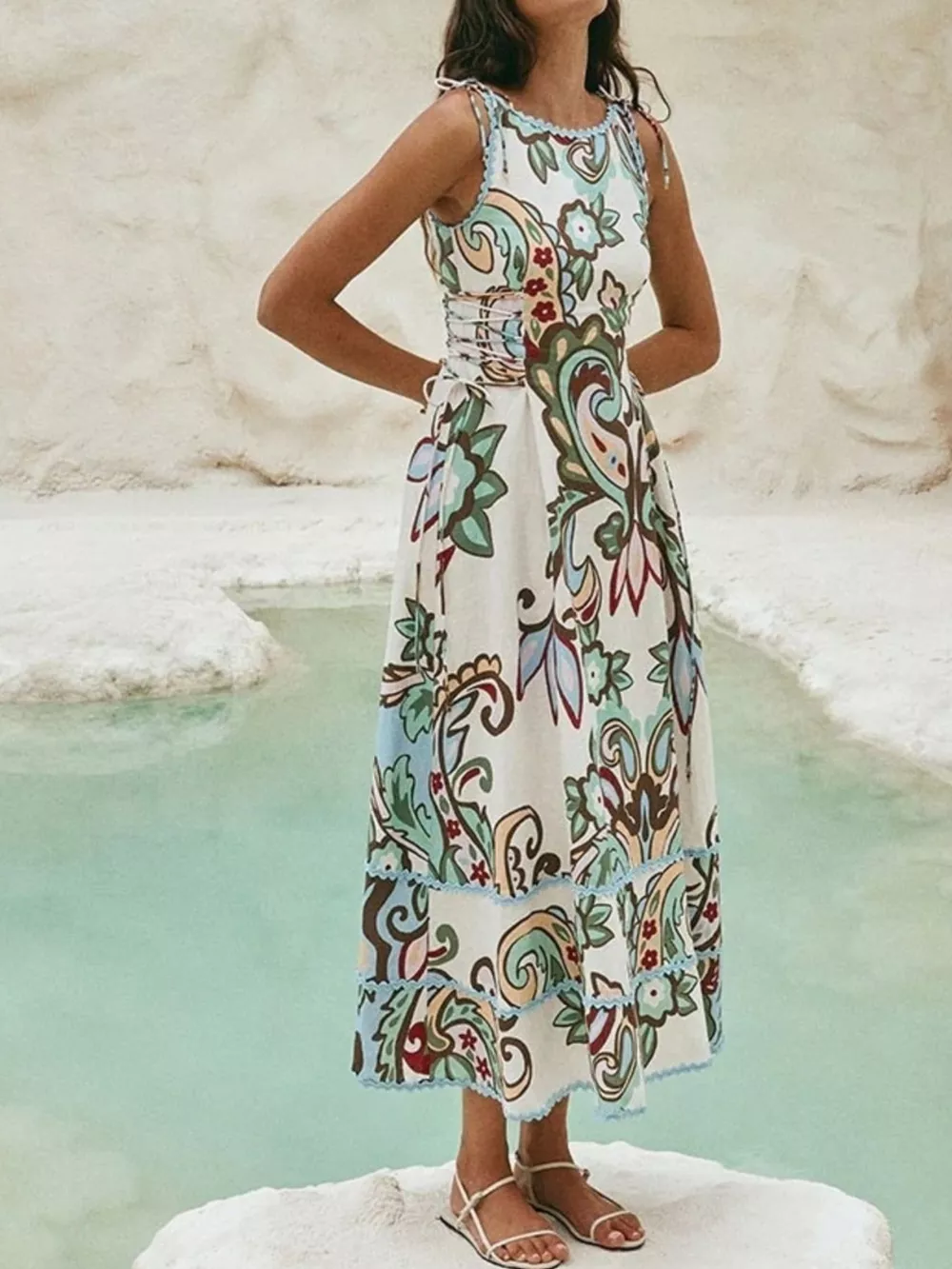 Printed Tie Shoulder Sleeveless Midi Dress, image 3