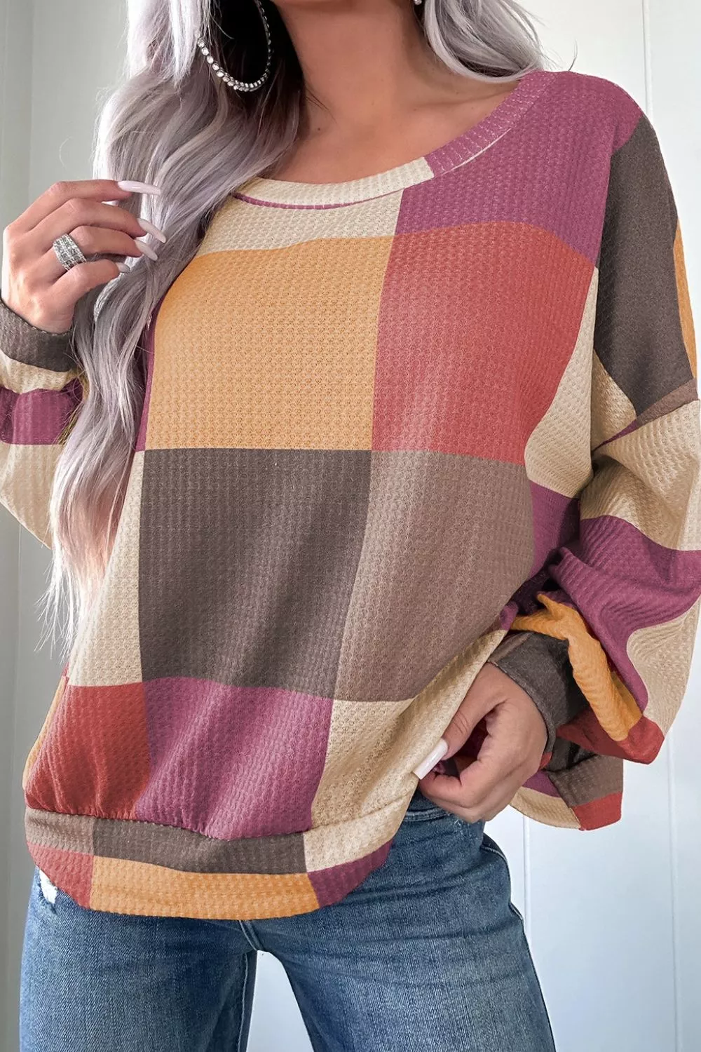 Color Block Round Neck Long Sleeve Top