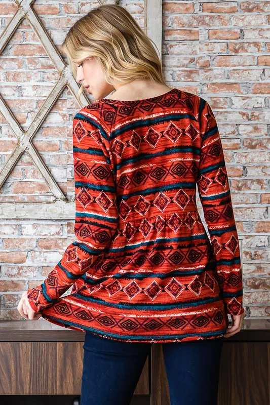 Full Size Geometric Button Detail Long Sleeve Babydoll Top, image 2