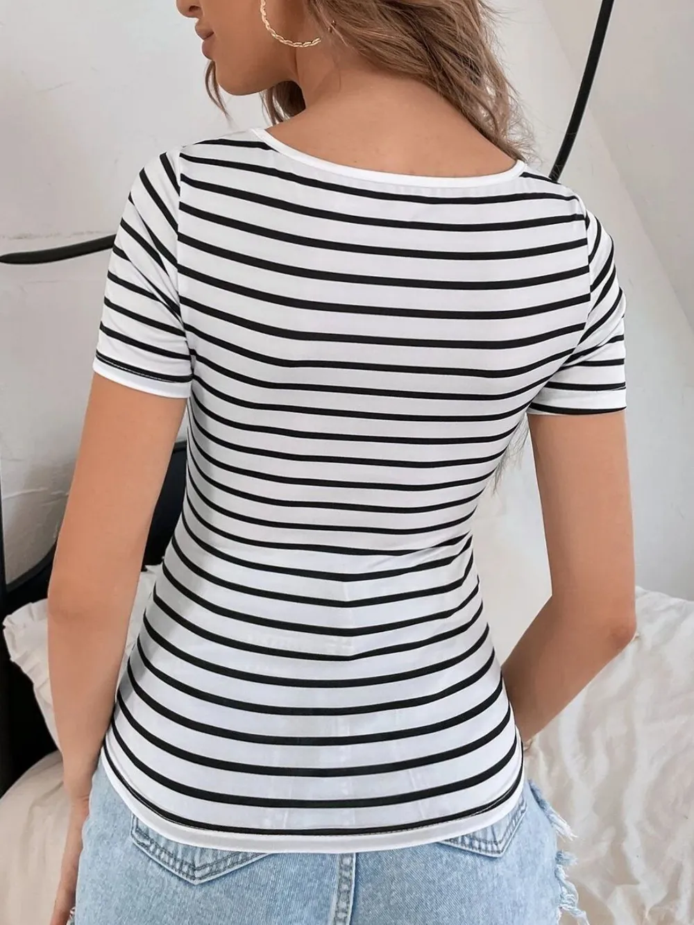 Striped V-Neck Short Sleeve T-Shirt, image 2