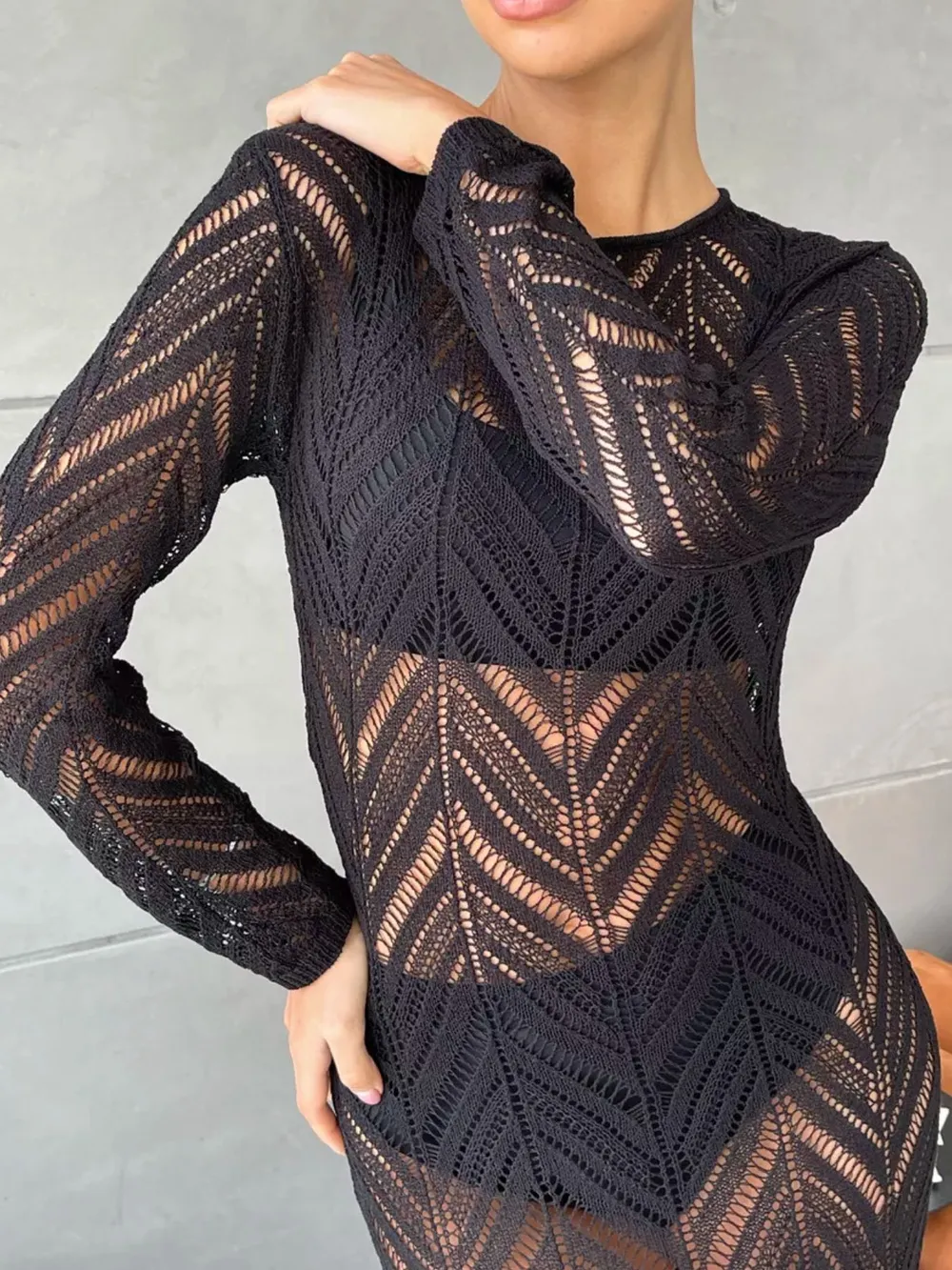 Openwork Long Sleeve Knit Cover Up Dress, image 2