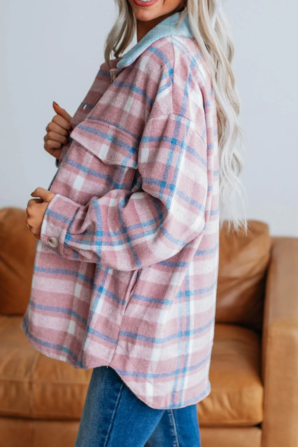 Plaid Collared Neck Flap Pockets Shacket, image 7