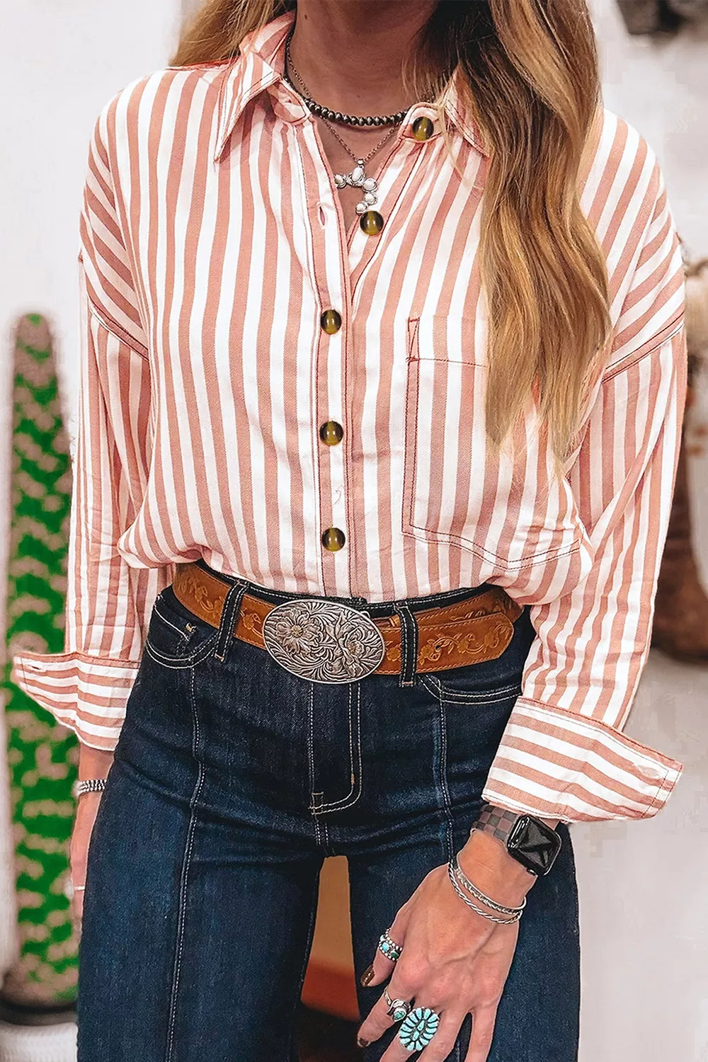 Stripe Western Button Down Long Sleeve Casual Shirt, image 5
