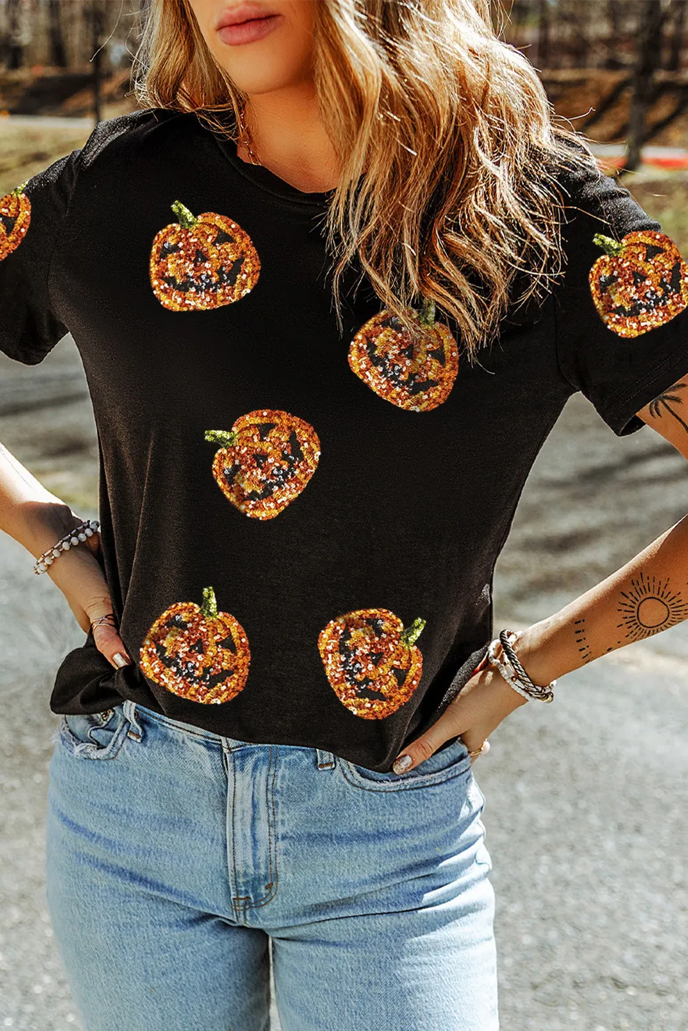 Sequin Pumpkin Round Neck Short Sleeve T-Shirt, image 4