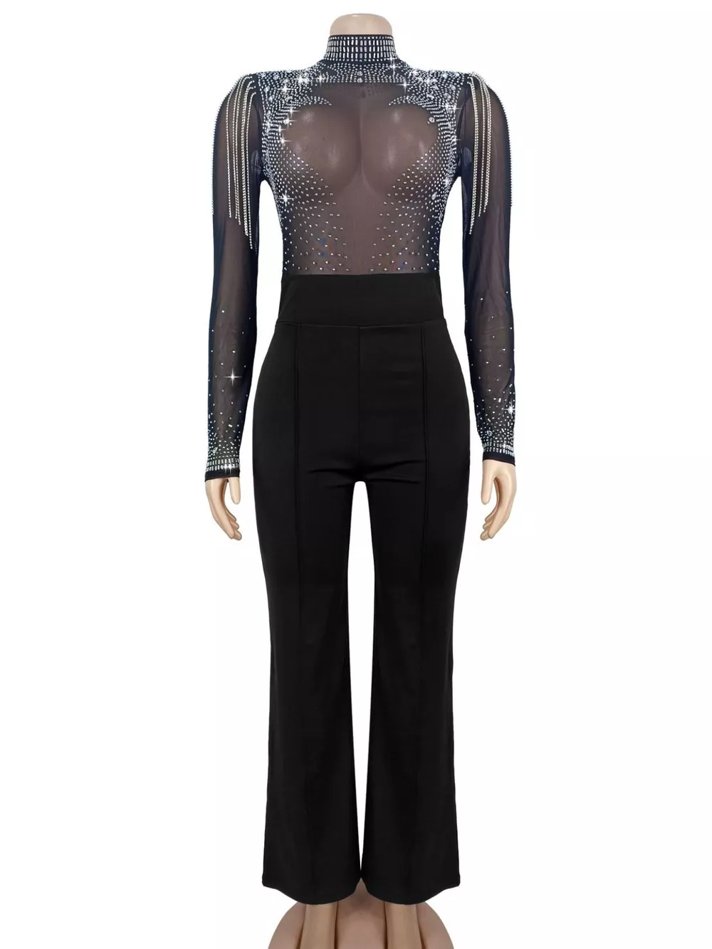 Rhinestone Embellished Mesh Long Sleeve Jumpsuit, image 6