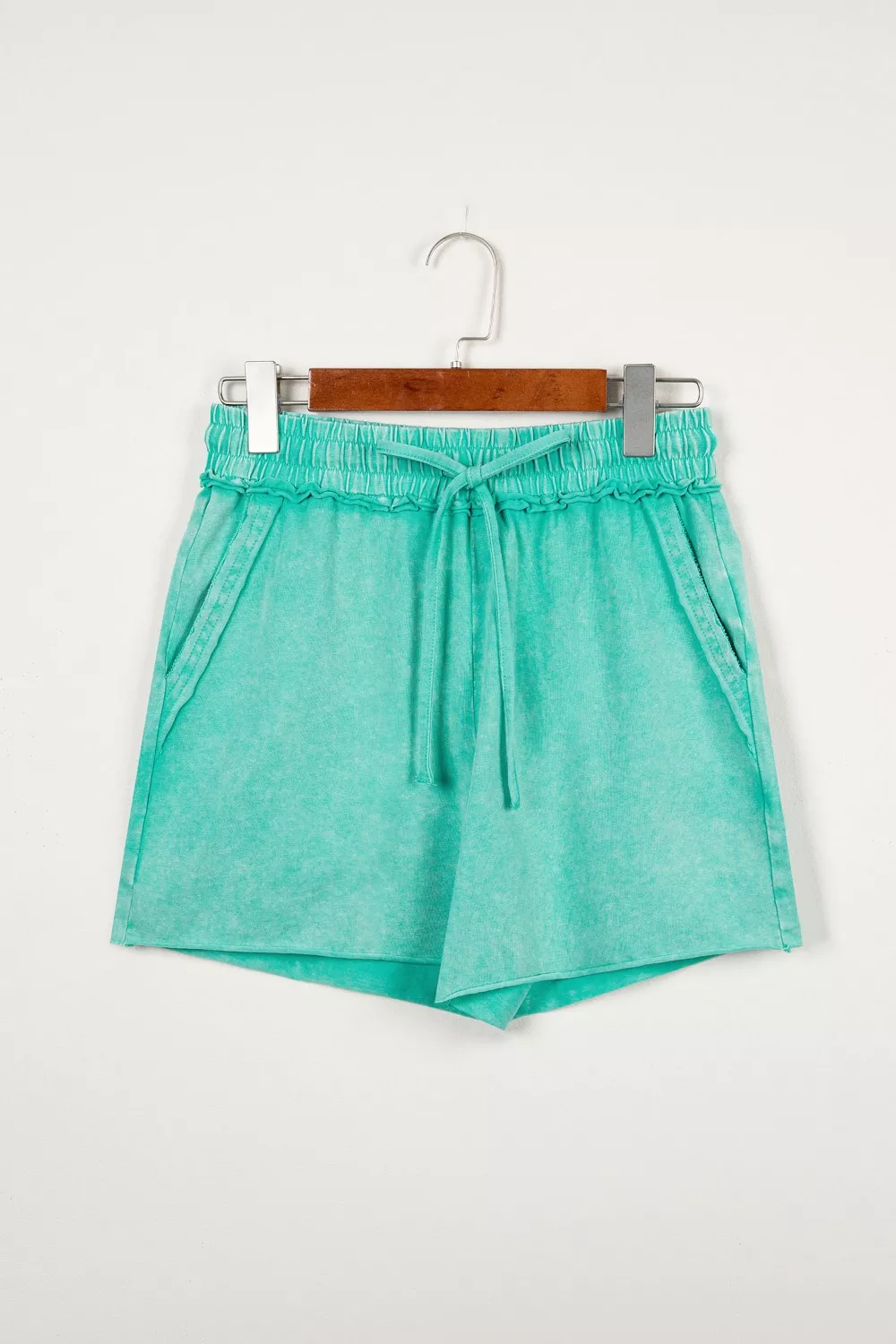 Mineral Washed Drawstring Elastic Waist Raw Cut Shorts, image 4