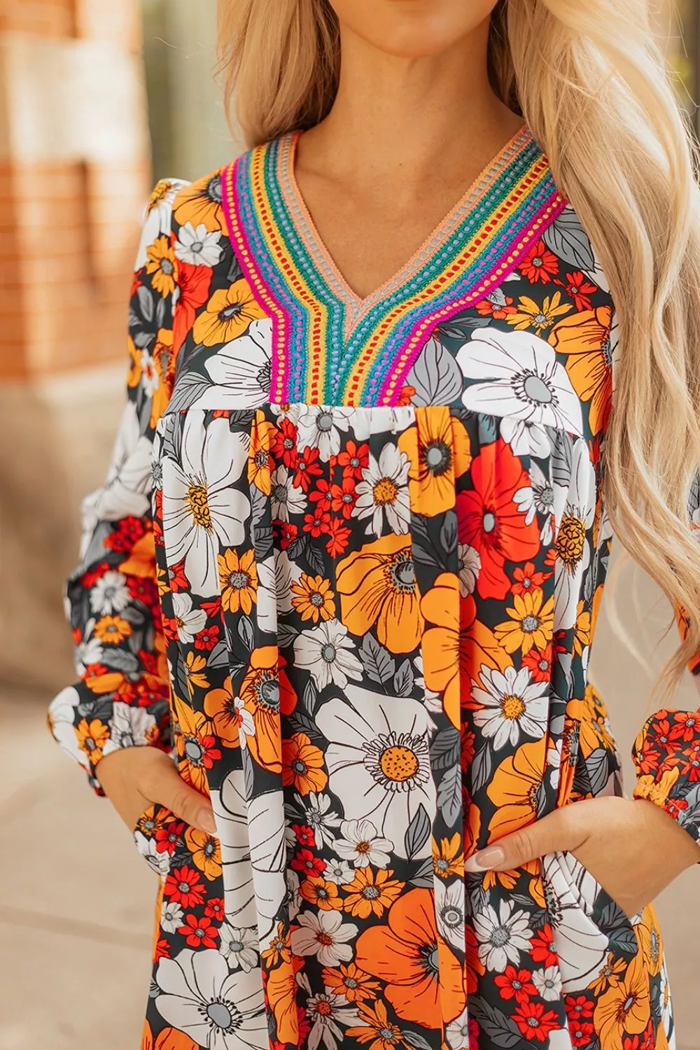 Boho Floral Print V-Neck Mini Dress with Pockets, image 7