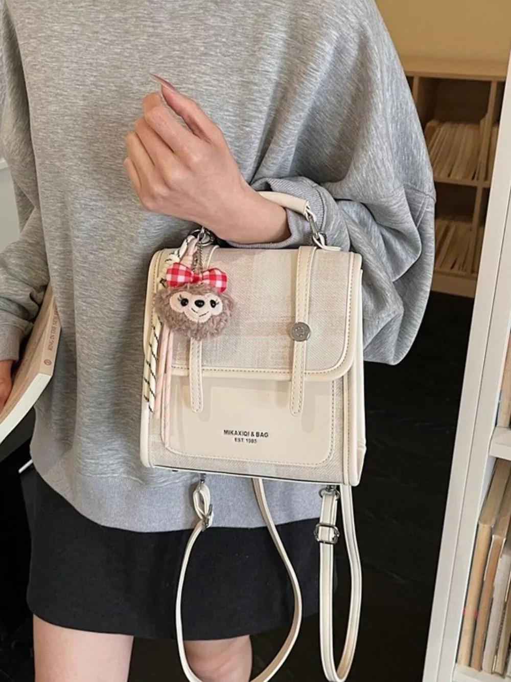 Flap Backpack Bag with Plush Charm, image 4