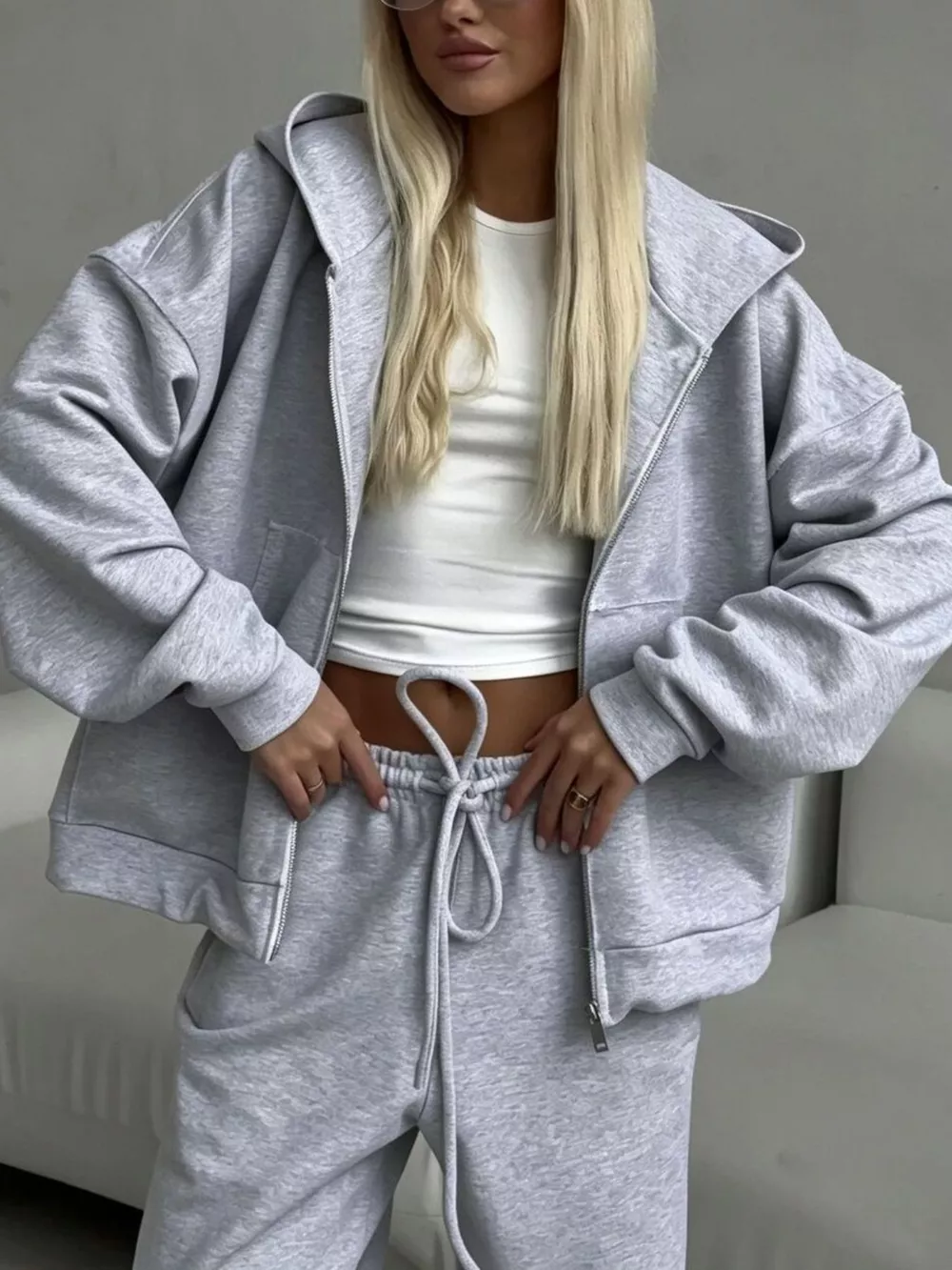 Casual Zip-Up Hoodie and Wide-Leg Sweatpants Set, image 29