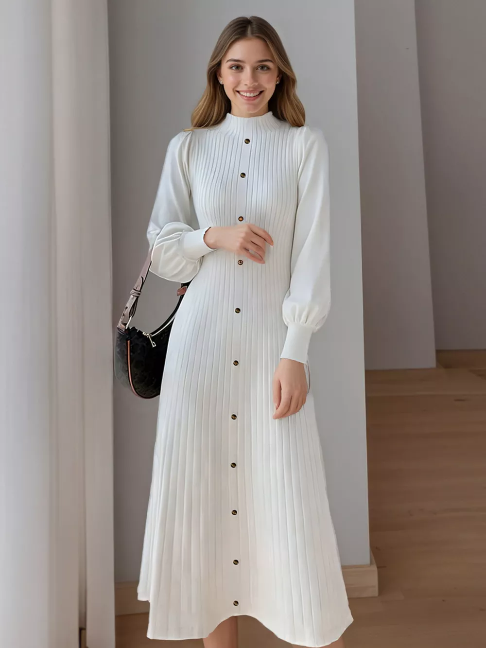 Ribbed Knit Mock Neck Midi Dress, image 8