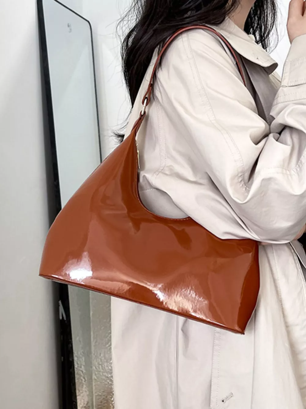 Solid Color Leather Shoulder Bag, image 9
