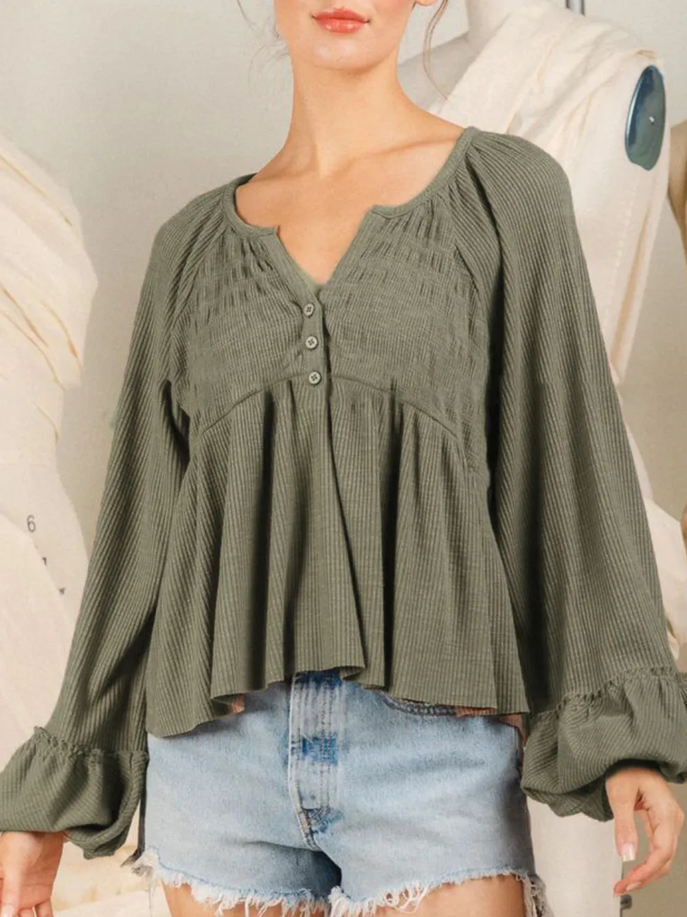 Notched Balloon Sleeve Peplum Blouse, image 2