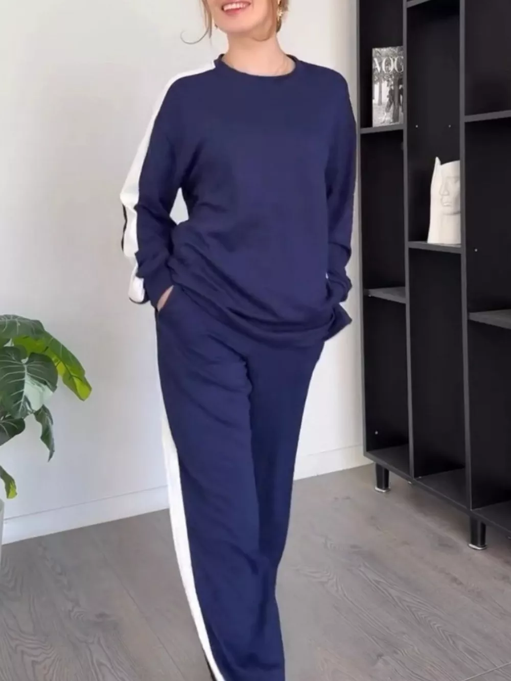 Full Size Contrast Round Neck Top and Pants Set Plus Size, image 10