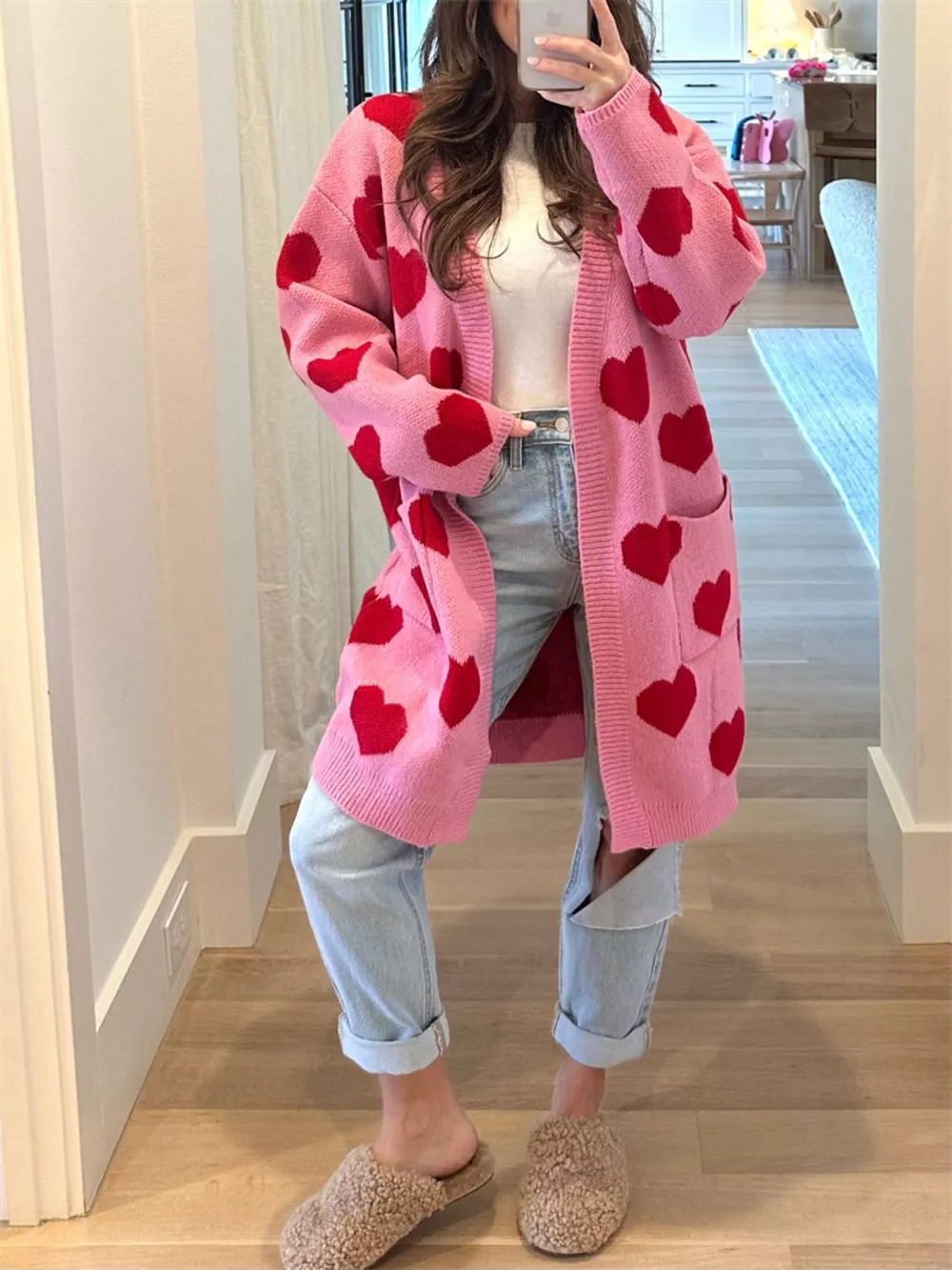 Heart Pattern Open Front Cardigan
