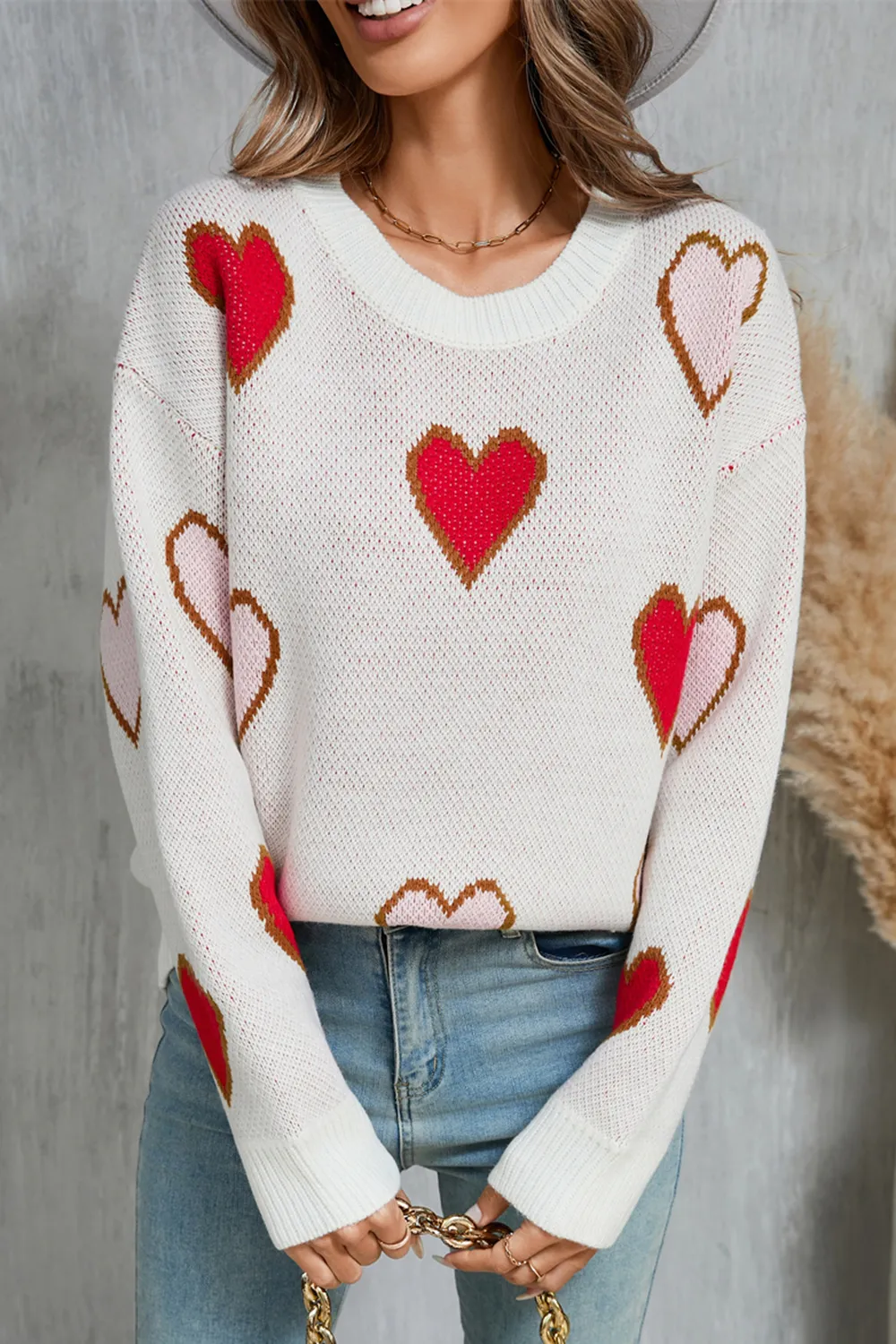 Contrast Heart Round Neck Long Sleeve Sweater, image 5