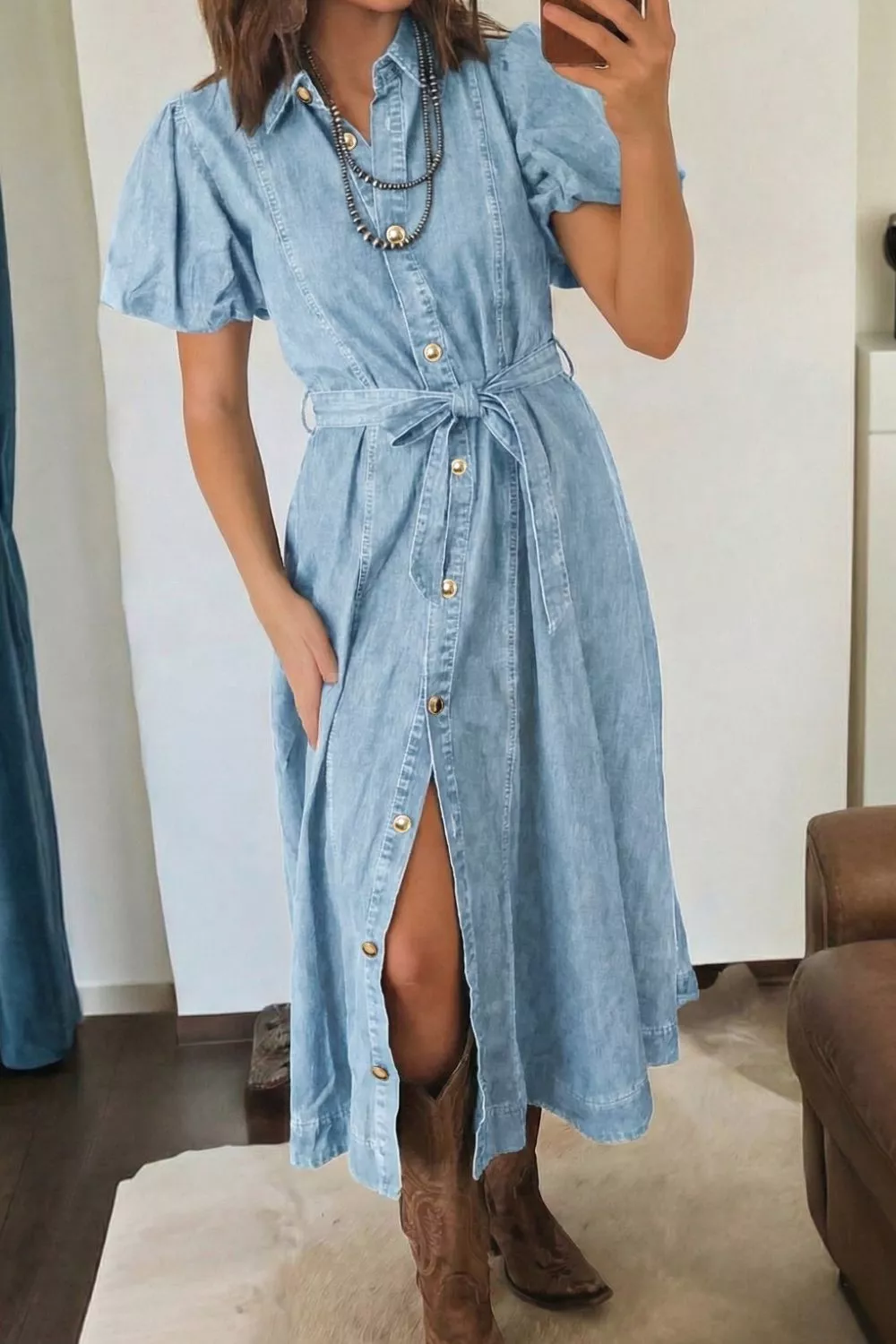 Full Buttons Collared Short Bubble Sleeve Long Denim Dress, image 7