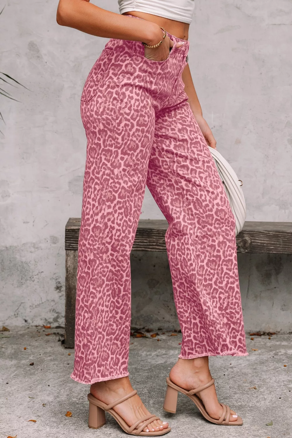 Leopard Frayed Edge Wide Leg High Waist Jeans, image 2