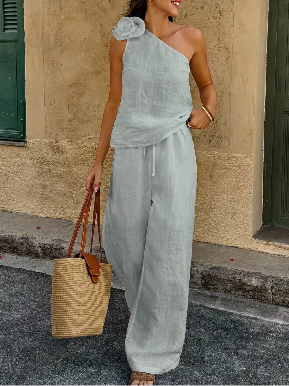 One-Shoulder Floral Embellished Top and Pants Set, image 22