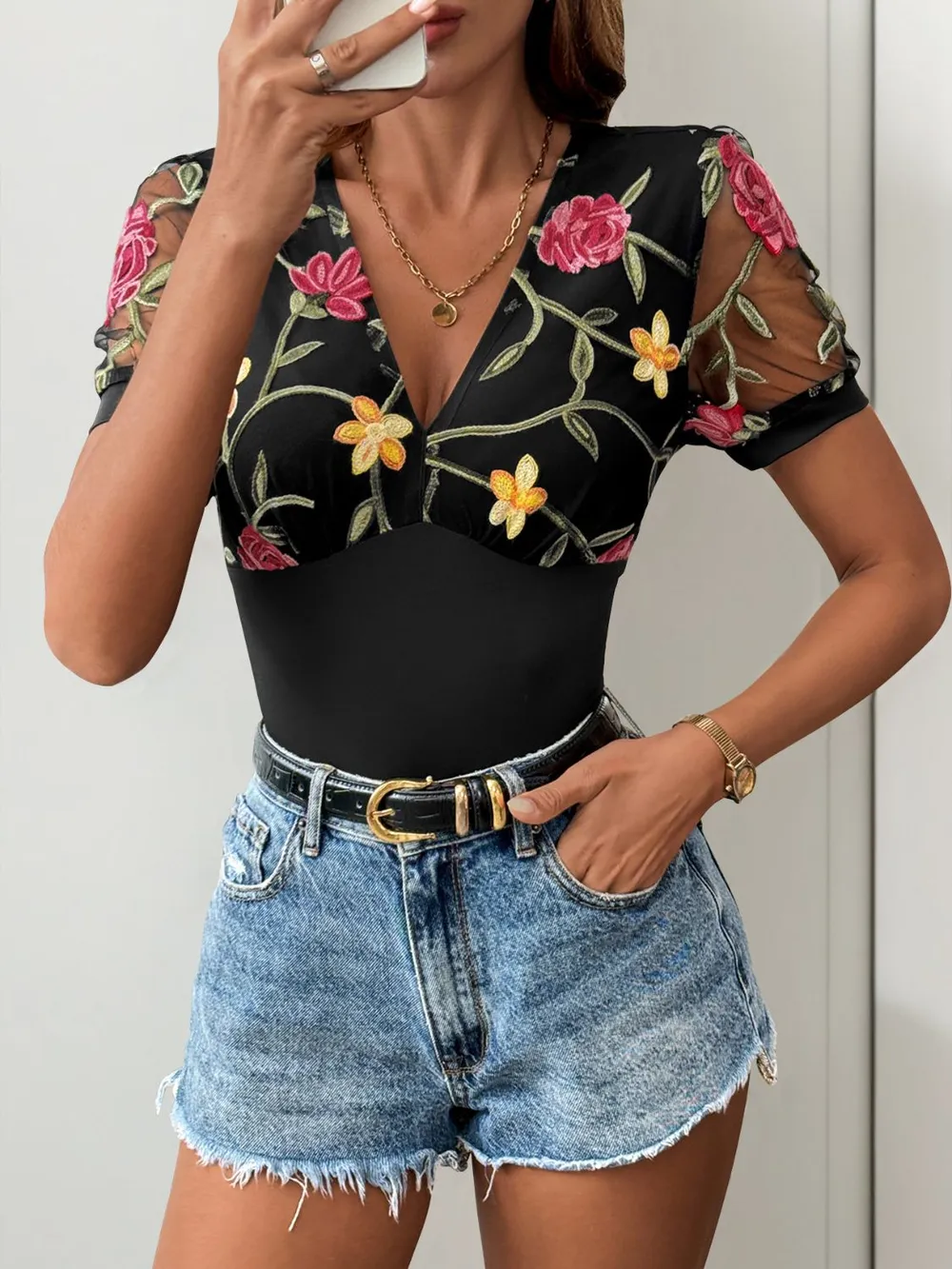 Embroidered V-Neck Floral Bodysuit, image 2