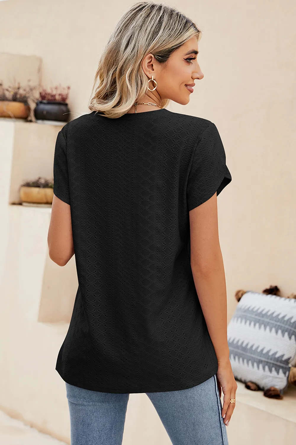 Eyelet V-Neck Petal Sleeve T-Shirt, image 12