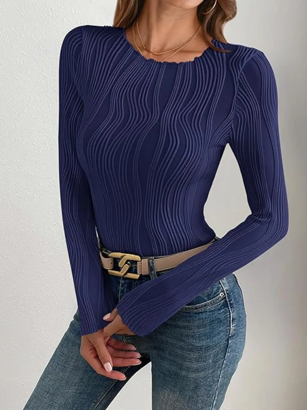 Textured Round Neck Long Sleeve Top, image 11