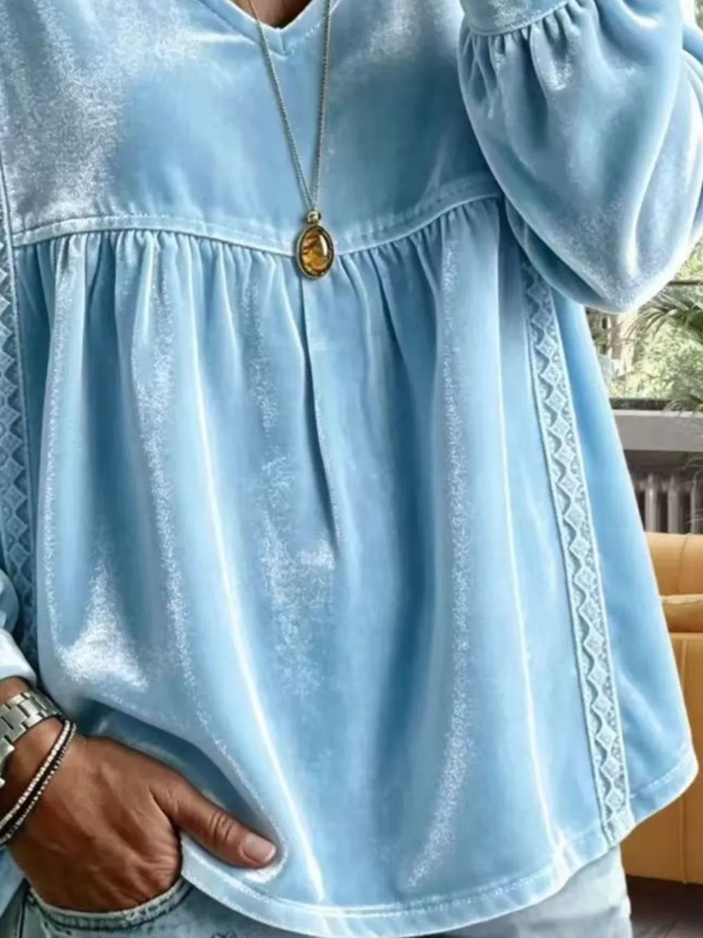 Full Size Velvet Lace Detail V-Neck Blouse Plus Size, image 3