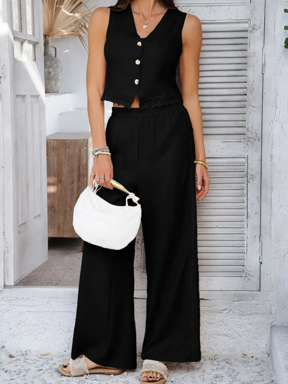 Button Down Lace Detail Vest and Pants Set