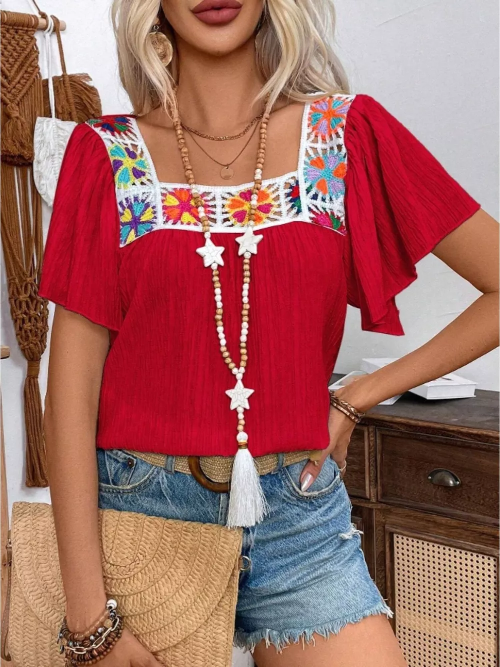Embroidered Square Neck Flutter Sleeve Blouse, image 4