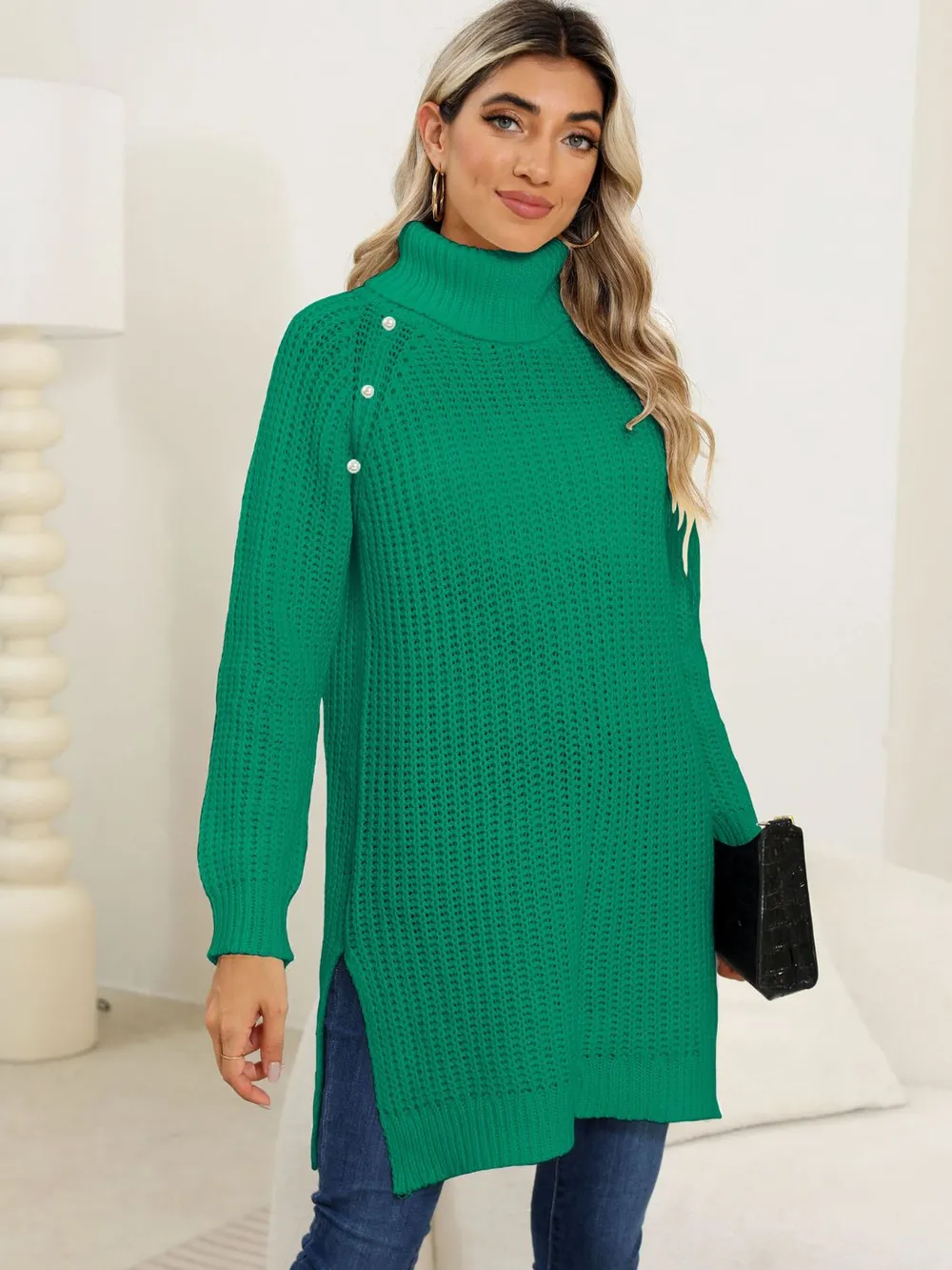 Slit Turtleneck Long Sleeve Sweater, image 12