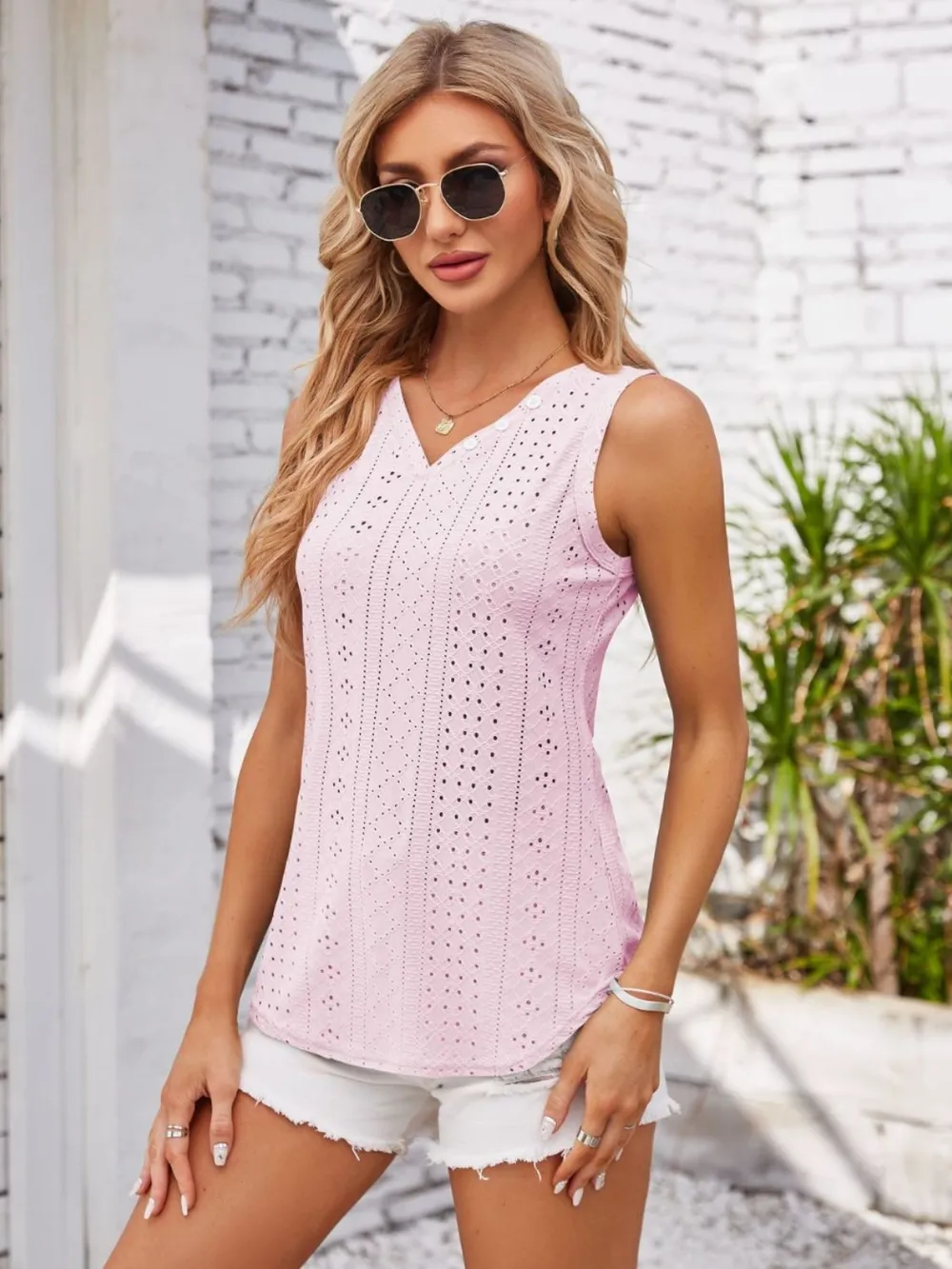 Eyelet Decorative Button V-Neck Tank, image 10