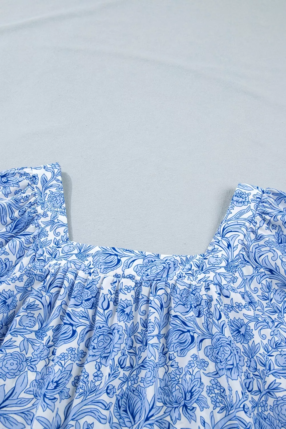 Square Neck Short Puff Sleeve Pleated Floral Blouse, image 11