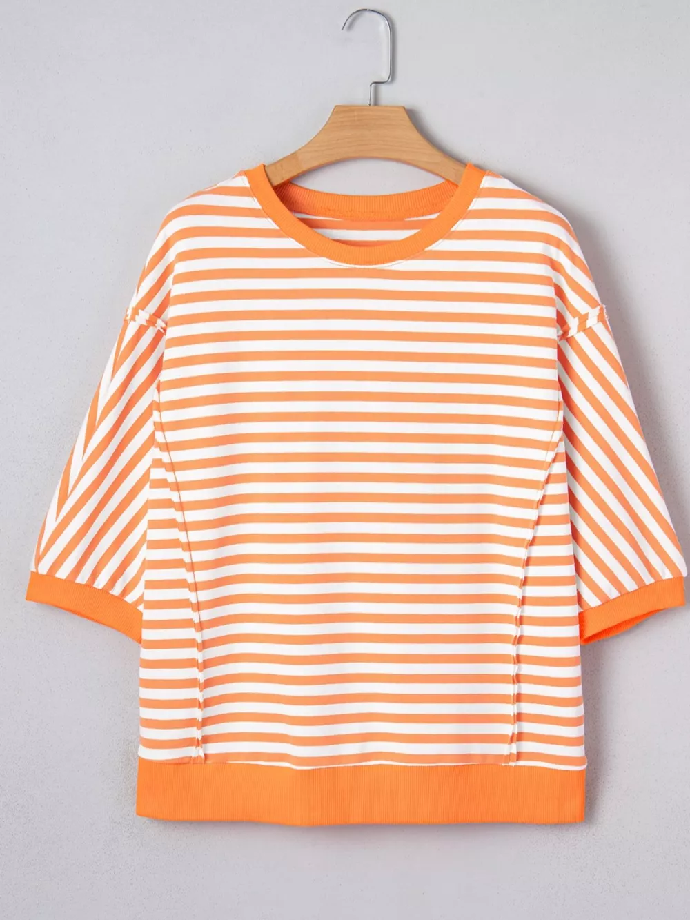 Stripe 3/4 Sleeve Exposed Seam Patchwork Pullover Top, image 6