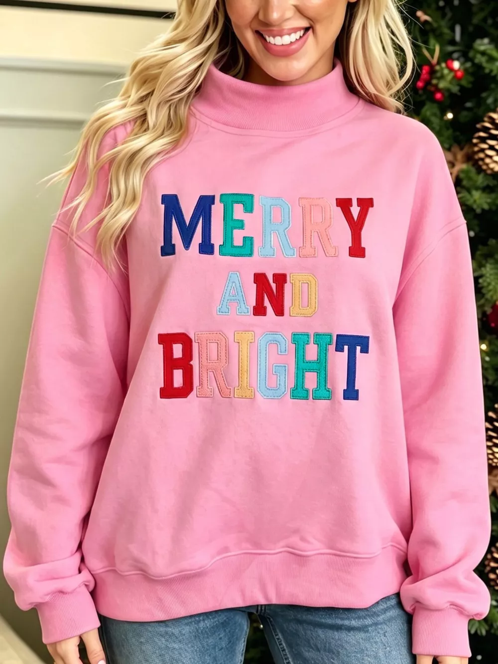 MERRY AND BRIGHT Stitched Letter Pattern Mock Neck Sweatshirt, image 5