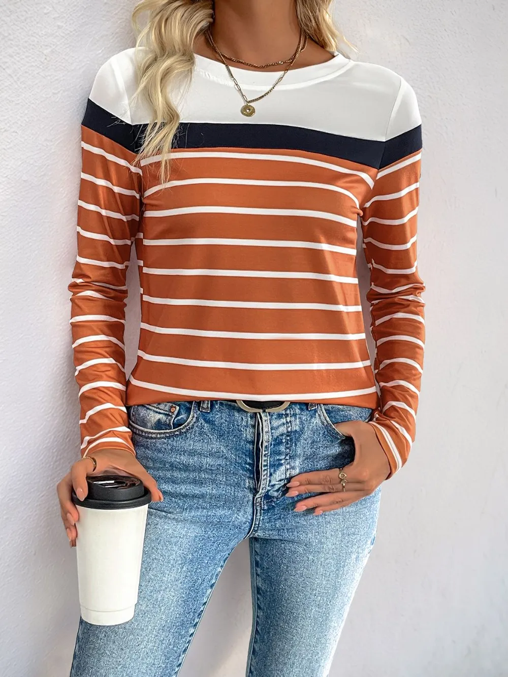 Contrast Striped Round Neck Long Sleeve T-Shirt, image 3