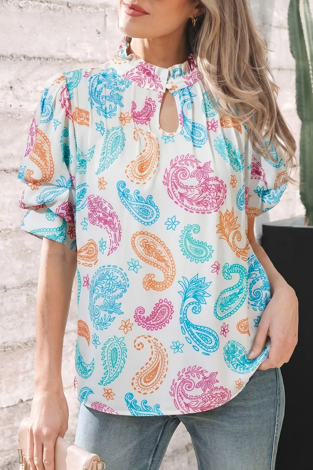 Multicolour Vibrant Paisley Printed Button Keyhole Puff Sleeve Blouse, image 2