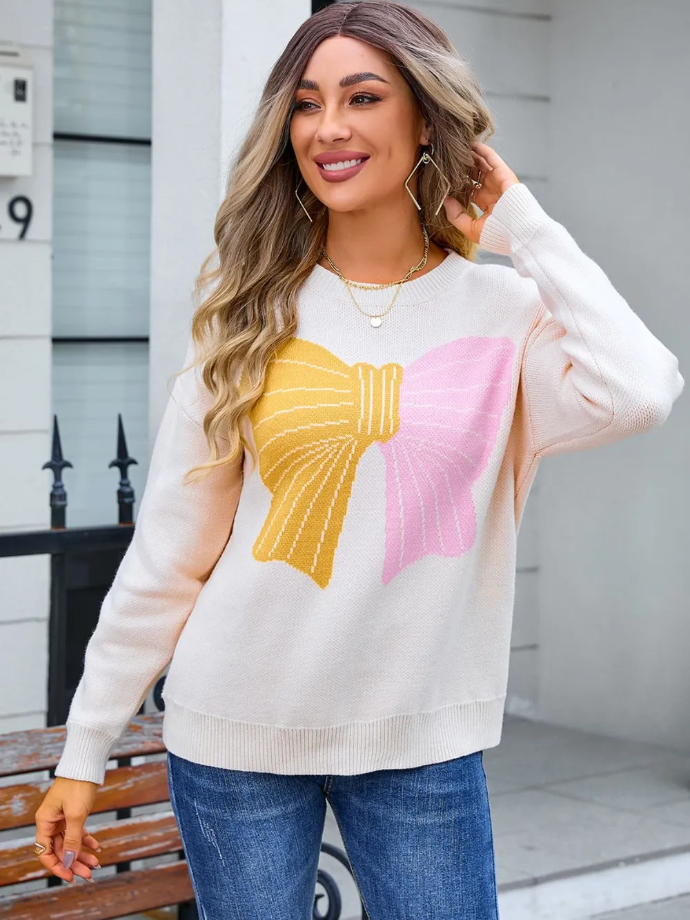 Bow Round Neck Dropped Shoulder Sweater, image 9
