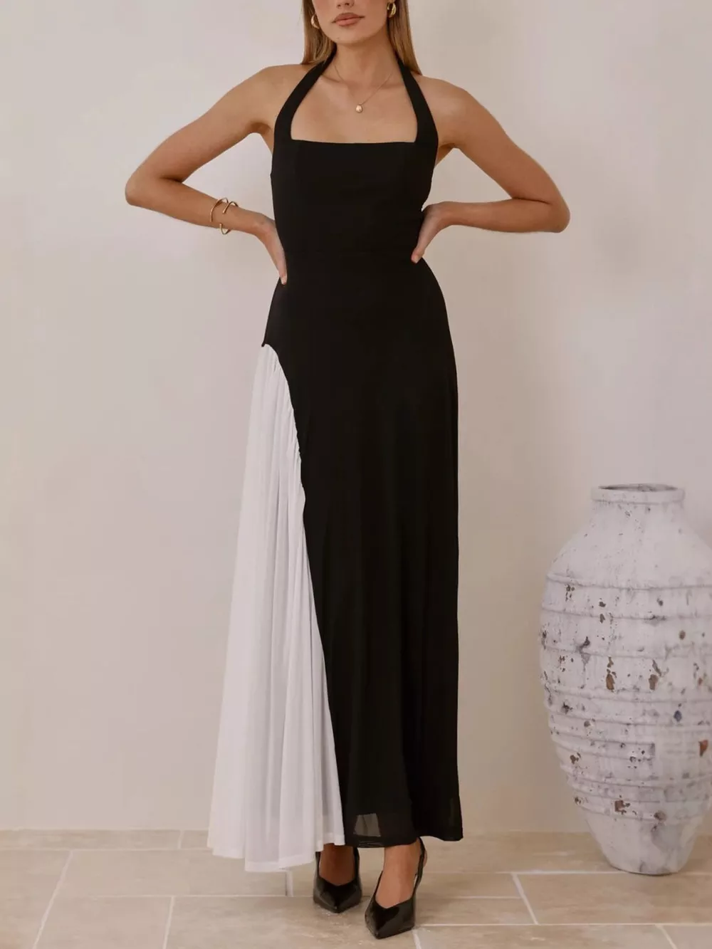 Contrast Halter Neck Maxi Dress, image 2