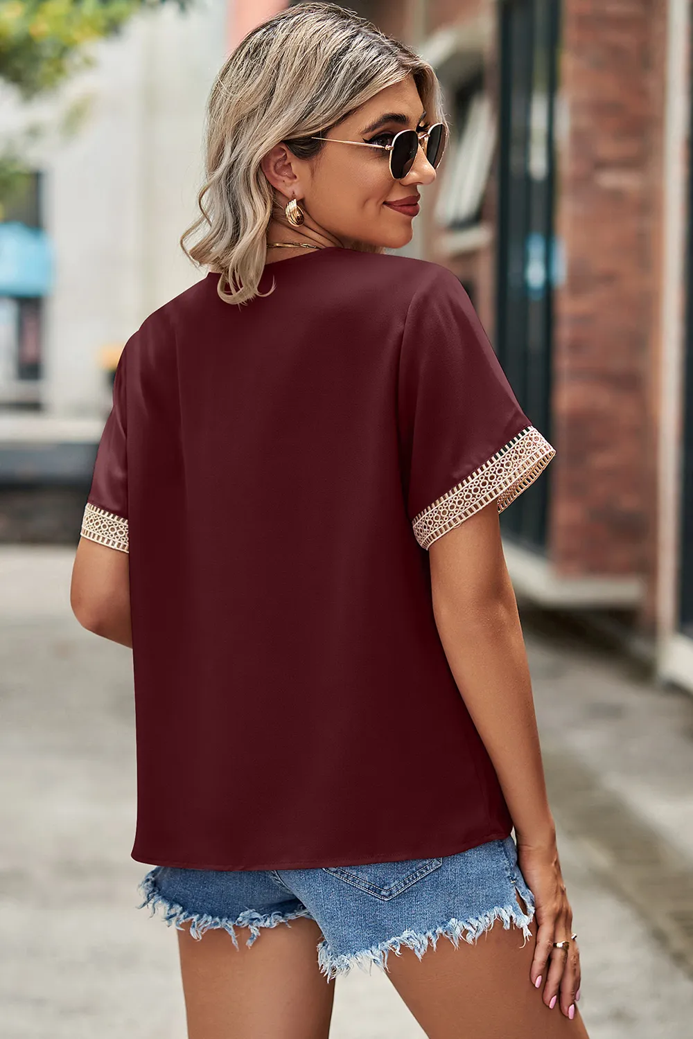 Openwork V-Neck Short Sleeve T-Shirt, image 3