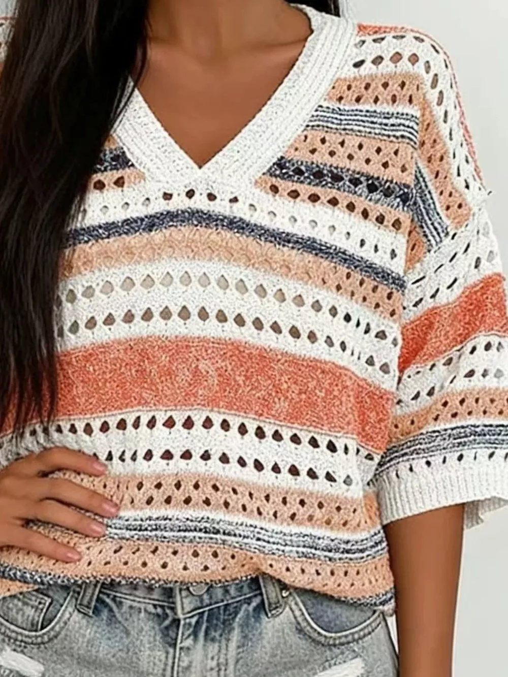 Chic Striped Crochet Knit Top, image 9