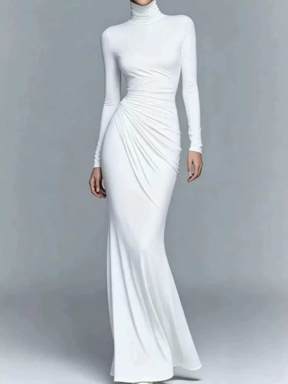 Turtleneck Long-Sleeve Ruched Maxi Dress, image 10